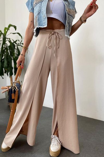 FASHION COCKTAIL Γυναικείο καλοκαιρινό παντελόνι με κρυφό σχιστό λεπτομερές δεμένο Bohemian Hippie Style ψηλόμεσο casual λινό