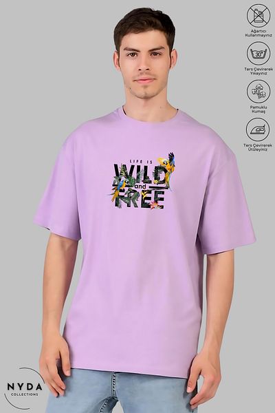 Nyda Collections Unisex Crew Neck Wild and Free εμπριμέ βαμβακερό μπλουζάκι με κοντό μανίκι