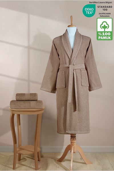 Ellaline Σετ ριγέ μπουρνούζι 100% βαμβάκι πιστοποιημένο 3 τεμαχίων σαλιάρα μπουρνούζι και σετ πετσετών κεφαλιού καφέ