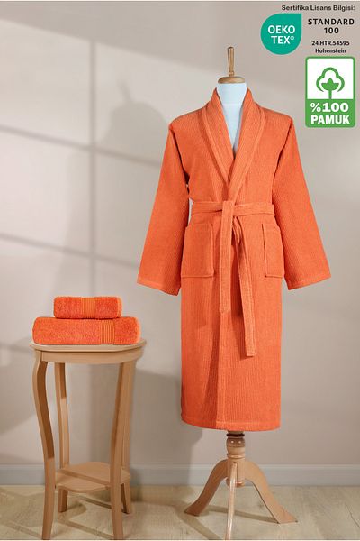 Ellaline Σετ ριγέ μπουρνούζι 100% βαμβάκι με πιστοποίηση 3 τεμαχίων Shalyaka Σετ μπουρνούζι και πετσέτα κεφαλιού πορτοκαλί