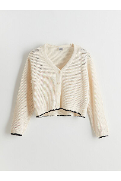 LC Waikiki LCW Dziecięcy kardigan z dzianiny z ażurowym dekoltem w serek