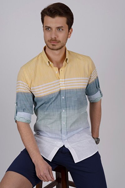 Etikmen Paneled Yellow Green Slimfit Linen Men's Shirt