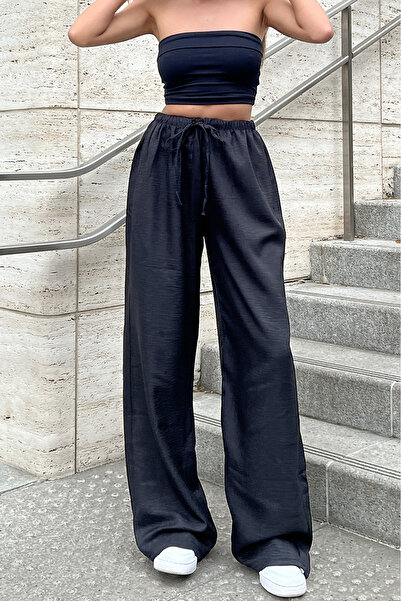 Sun Victoria Kadın Siyah Keten Kumaş Yüksek Bel Bol Paça Palazzo Eşofman Altı