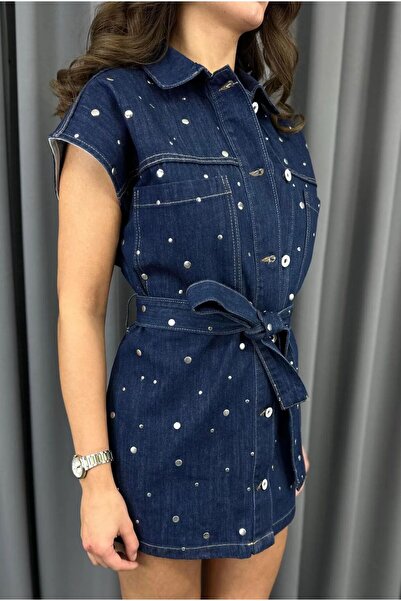 Ekim Store Navy Blue Drop Belted Denim Jacket