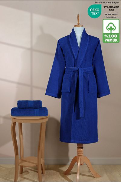 Ellaline Σετ ριγέ μπουρνούζι 100% βαμβάκι με πιστοποίηση 3 τεμαχίων Shalyaka Σετ μπουρνούζι και πετσέτα κεφαλιού Navy Blue