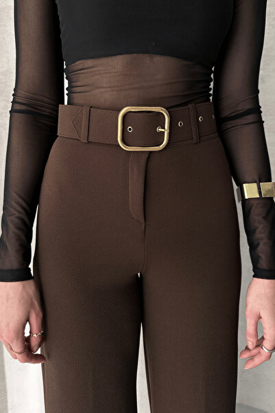 Paw Garage Women's Bella Belt Detailed Lycra Fabric Palazzo Trousers