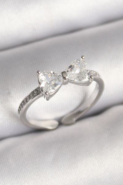 Store Brass Silver Color Zircon Stone Heart Bow Model Women's Ring