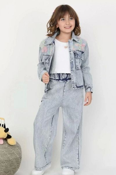 Kidmark Çocuk Modası Girl's Floral Detailed Denim Bottom-Top Set