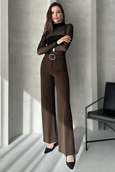 Paw Garage Women's Bella Belt Detailed Lycra Fabric Palazzo Trousers