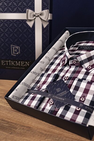 Etikmen Férfi Slimfit ing - Claret Red sötétkék, kockás, ajándékdobozos