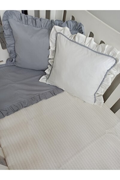 Genel Markalar Ege Home deluxe %100 pamuklu fırfırlı bebek pike takımı gri