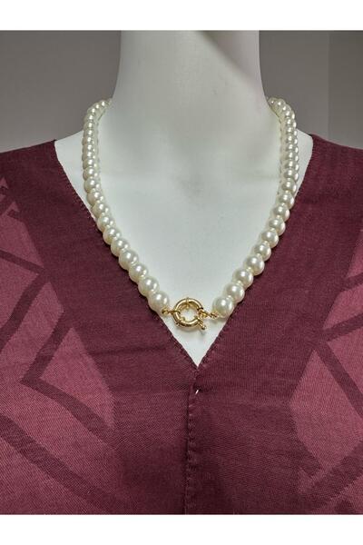 Uno Di Famiglia Vintage Tarzı Inci Kolye 12 Mm Cam Incili Gemici Kilitli Koly...