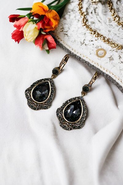 FAYRA ACCESSORIES Antique Bronze Water Drop Earrings with Crystal Stone