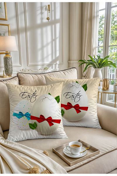 Hayal Dekoratif Set de 2 huse de pernă cu model „Happy Easter” cu tematică de Paște