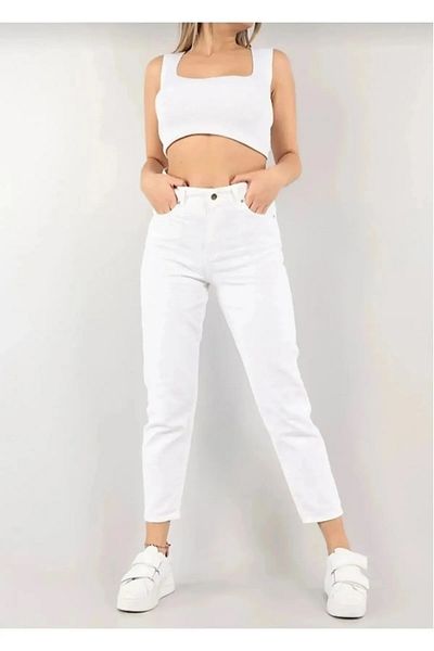 Trn JNS Mona White Mom Jean Pantaloni Boyfriend din denim din lycra cu talie înaltă