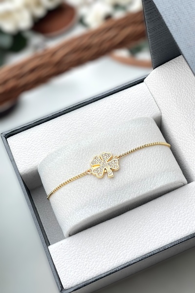 TAKIPORT Gold Renk Asansörlü Ayarlanabilir Zirkon Taşlı Yonca Kadın Bileklik