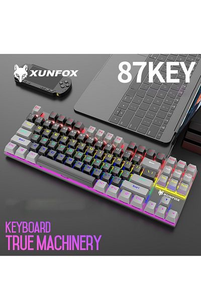 XUNFOX لوحة مفاتيح ميكانيكية للألعاب، إنجليزية وعربية، بإضاءة خلفية RGB، سلكية USB، 87 مفتاحًا، مفتاح أزرق