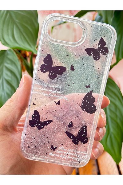 Fibaks غطاء متوافق مع هاتف Apple iPhone 16E، لون أسود لامع مع نمط الفراشة، غطاء مشرق يمتص الصدمات