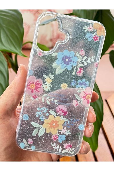 Fibaks حافظة متوافقة مع هاتف Apple iPhone 16، غطاء أزرق لامع ممتص للصدمات بنمط زهرة لامعة