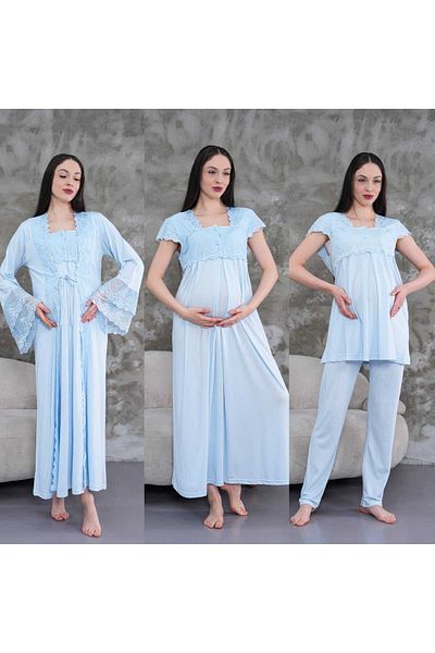 Lohussa Rochie de maternitate pentru maternitate, din bumbac, cu design special, dantela albastra, set de pijamale, set de 4 camasi de noapte