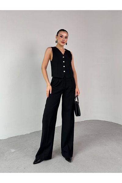 Cappmoda TKM-03677 سترة ديزي سوداء بأزرار مطوي سروال بالازو طقم مكون من قطعتين