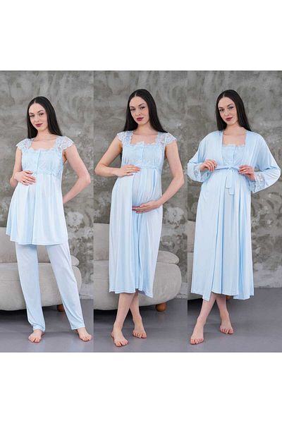 Lohussa Rochie de maternitate din bumbac cu design special albastru pentru femei, set de pijamale, set de 4 cămași de noapte