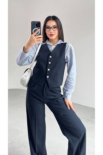 Cappmoda TKM-03677 Σετ δύο τεμαχίων γιλέκο με κουμπιά Navy Blue Daisy Πλισέ Palazzo Παντελόνι