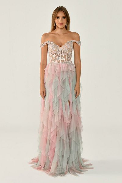 ALFABETA Off Shoulder Top Lace Skirt Tulle Long Evening Dress Alfa Beta