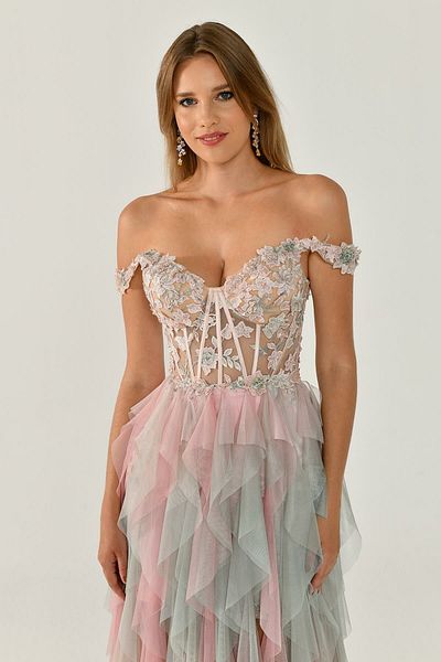 ALFABETA Off Shoulder Top Lace Skirt Tulle Long Evening Dress Alfa Beta