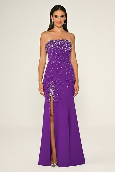 ALFABETA Strapless Stone Embroidered Crepe Long Evening Dress Alfa Beta