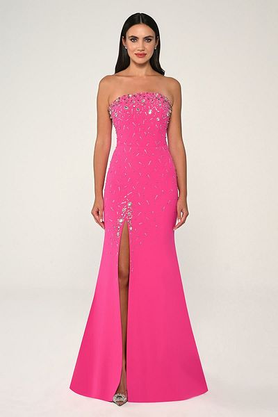ALFABETA Strapless Stone Embroidered Crepe Long Evening Dress Alfa Beta