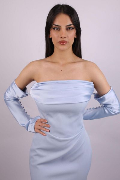 SpringStore Rochie de seară scurtă, albastră, fără bretele, cu mâneci lungi