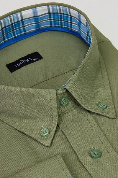 Tudors Ανδρικό Big Size Plus Size - Khaki Oxford Texture, Μακρύ μανίκι, Μονή τσέπη, Πουκάμισο με γιακά με κουμπί