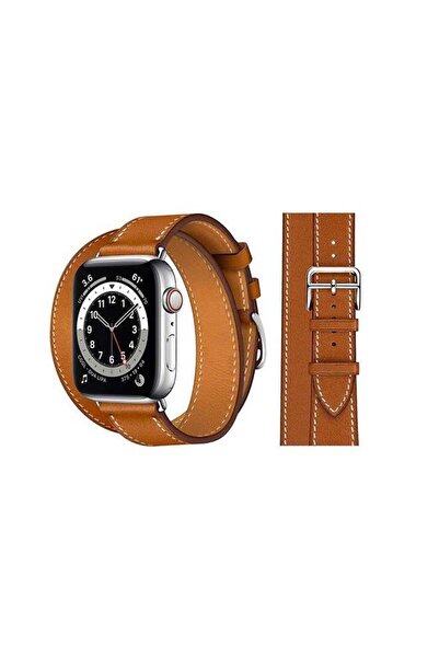 Generic Perfii Double Tour Leather Replacement Band For Apple Watch Series 6/SE/5/4/3/2/1 Brown
