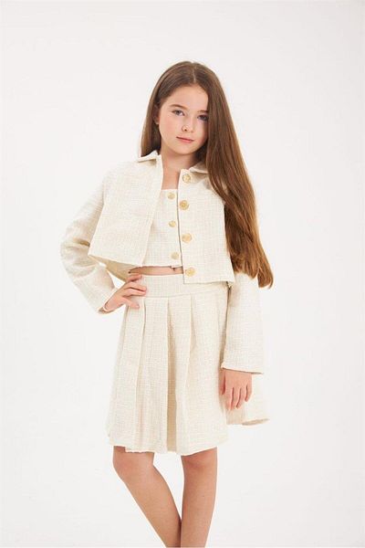 Hilal Akıncı Kids Girl's Gold Buttoned Jacket Thick Strap Crop Pleated Skirt Set of 3
