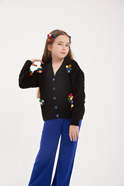 Hilal Akıncı Kids Fată, balon brodat, tricotaje negre, cardigan, pantaloni co...