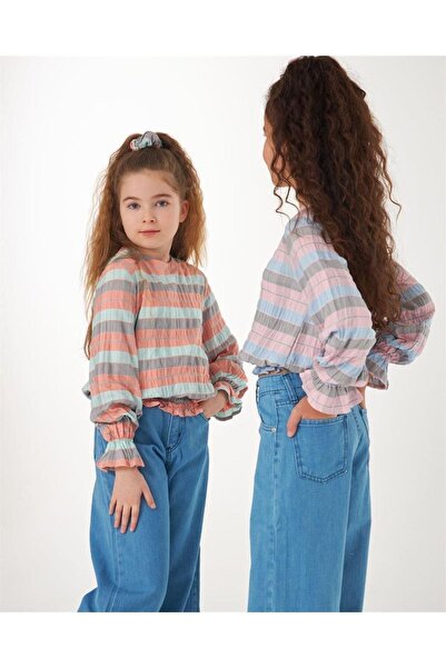 Hilal Akıncı Kids Cămașă pentru fetiță cu mâneci și talie, pantaloni largi din denim, cataramă, set de 3 piese