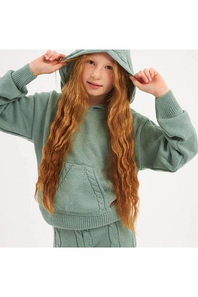 Hilal Akıncı Kids Twist Knit Detailed Hooded Knitwear Sweatshirt Knitwear Pants Set of 2