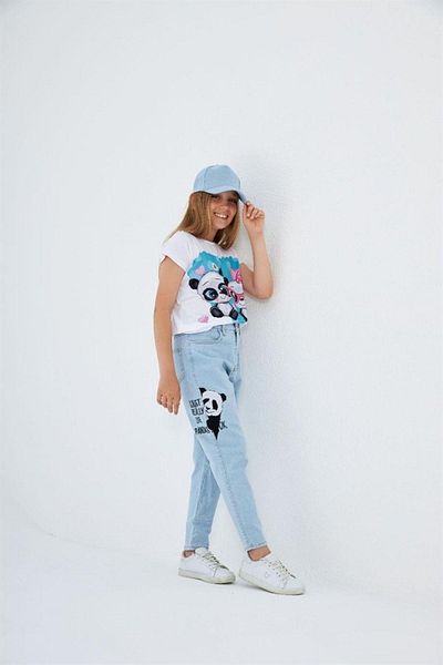 Hilal Akıncı Kids Tricou cu model pentru fete Pantaloni din denim cu imprimeu panda Pălărie albastră Set 3 piese