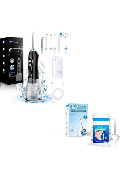 h2ofloss Cordless Rechargeable Water Floss and Breathing Cleansing Patch - Easy to Use Dental Kit-BK