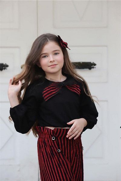 Hilal Akıncı Kids Girl's Black Blouse Striped Trousers Buckle 3-Piece Set