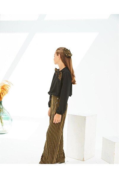 Hilal Akıncı Kids Girl's Black Blouse Striped Trousers Buckle 3-Piece Set