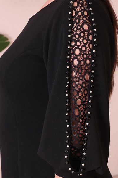 rotop Rochie eleganta de ocazie, decorata cu pietricele si dantela la maneci, culoare negru