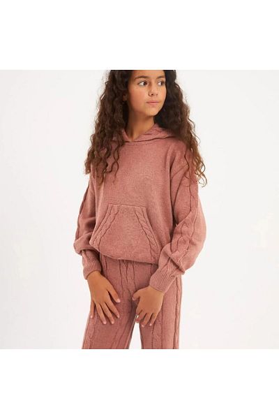 Hilal Akıncı Kids Twist Knit Detailed Hooded Knitwear Sweatshirt Knitwear Pants Set of 2