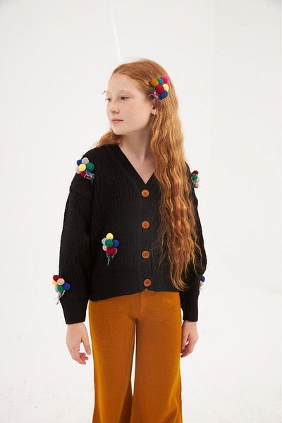 Hilal Akıncı Kids Girl's Embroidered Balloon Embroidered Black Knitwear Cardigan Colorful Pants Hair Clip Set of 3