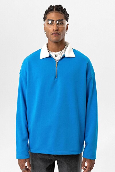VAMOSCLO   Detailed Turquoise Sweatshirt - Print Polo Collar Zipper