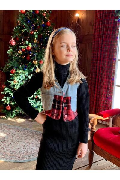 Hilal Akıncı Kids Girl's Mustard Jeans Vest with Pockets Black Knitwear Dress...