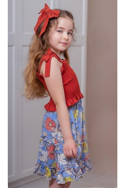 Hilal Akıncı Kids Girl's Guiped Blouse Patterned Loose Skirt Double Set