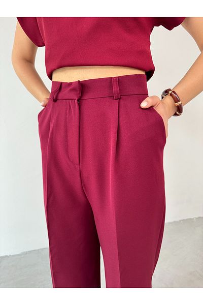 Cappmoda PNT-07409 Pantaloni Palazzo din țesătură Atlas Burgundy