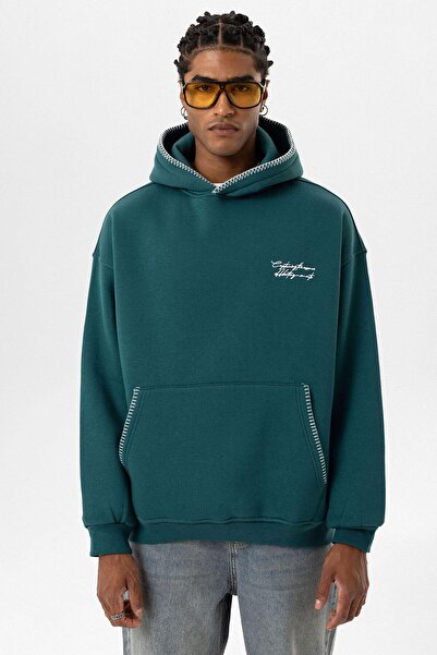 VAMOSCLO سترة بغطاء للرأس كبيرة الحجم مع تفاصيل نصية باللون البترولي